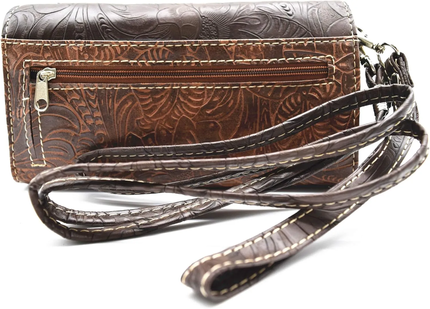 Western Feather Tooled Leather Floral Laser Cut Flower Purse Studs Single Shoulder Bag Clutch Women Trifold Wristlets Wallet (Coffee)